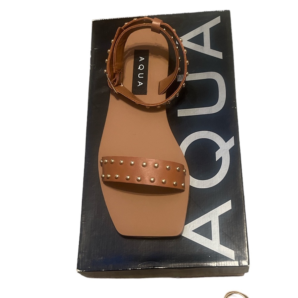 AQUA Womens Brown Adjustable Studded Ankle Strap Sophy Square Toe Wedge Buckle L